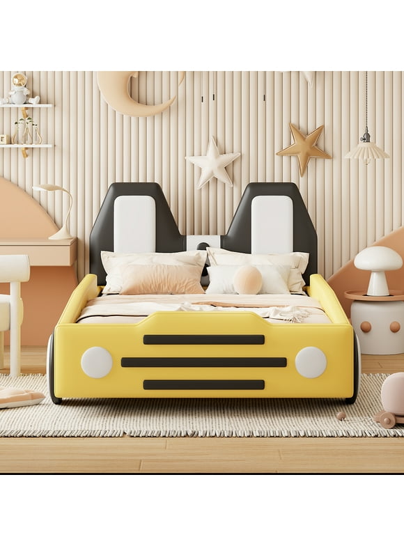 Euroco Upholsterered Race Car-Shaped Twin Size Platform Bed for Kids’ Bedroom, Yellow