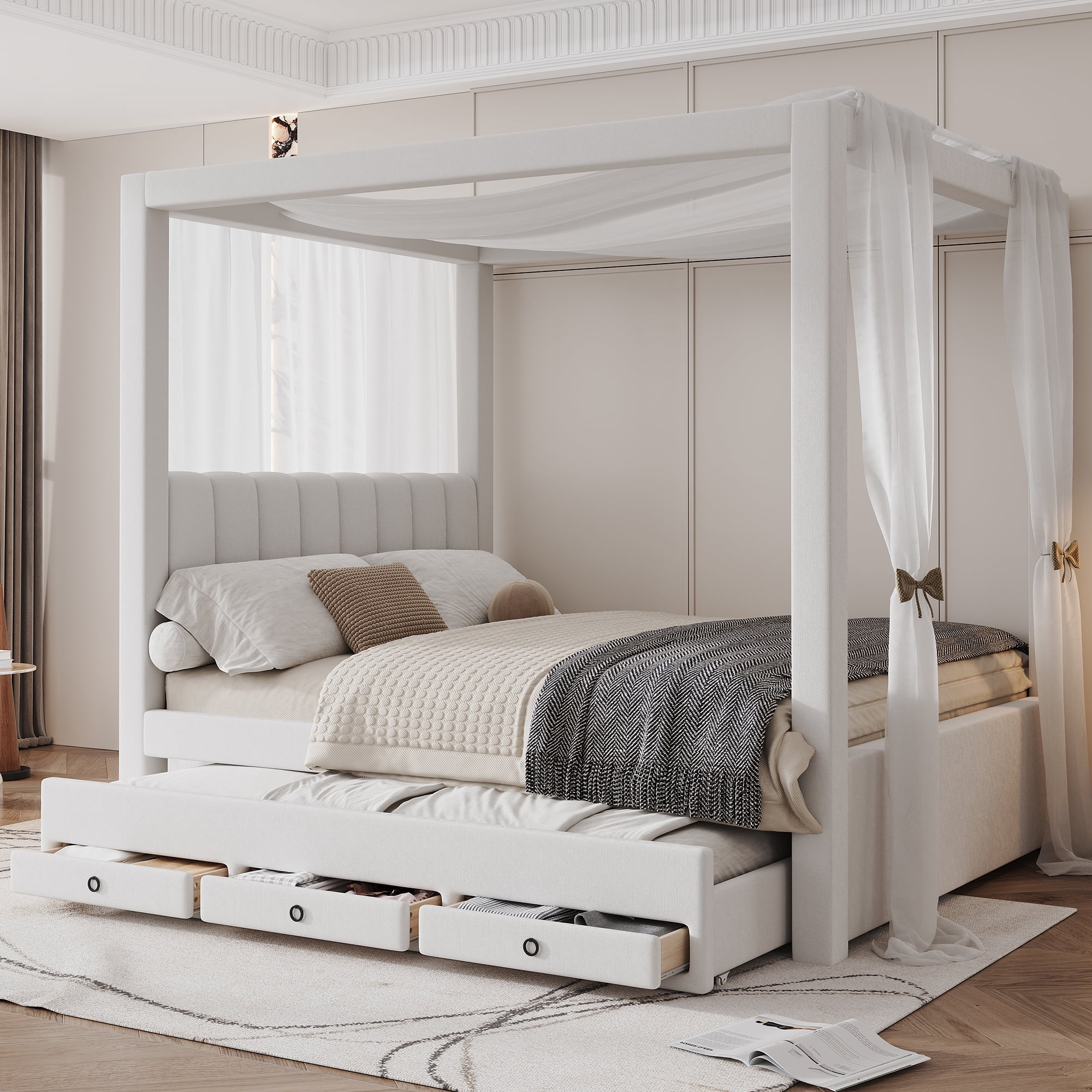 Euroco Upholstery Canopy Queen Platform Bed with Twin Trundle and 3 Drawers, Beige