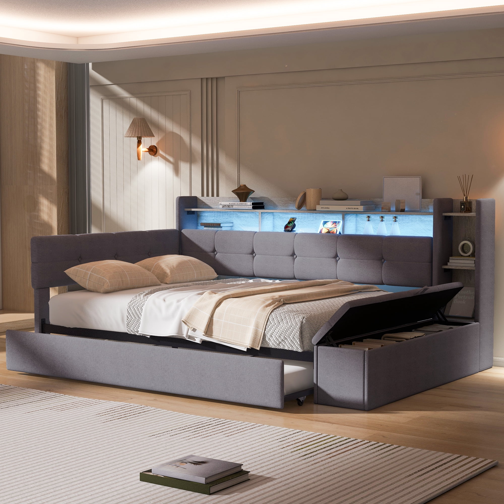 Euroco Upholstery Full Size Daybed with Trundle, Storage Sofa Bed with Footstool and Shelves, LED Light and USB Charging, Grey