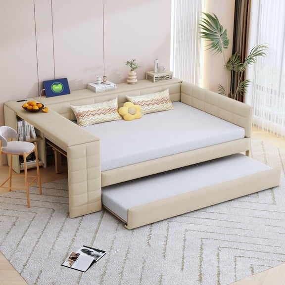 Euroco Upholstery Full Size Platform Bed with Desk and Shelves, Trundle Bed and USB Charging for Kids, Beige