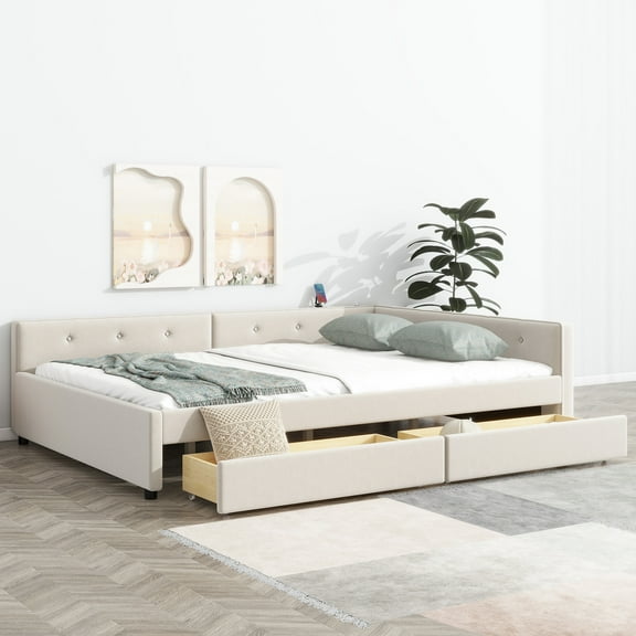 Euroco Upholstery Full Size Platform Bed with Drawers and USB Charging, Beige