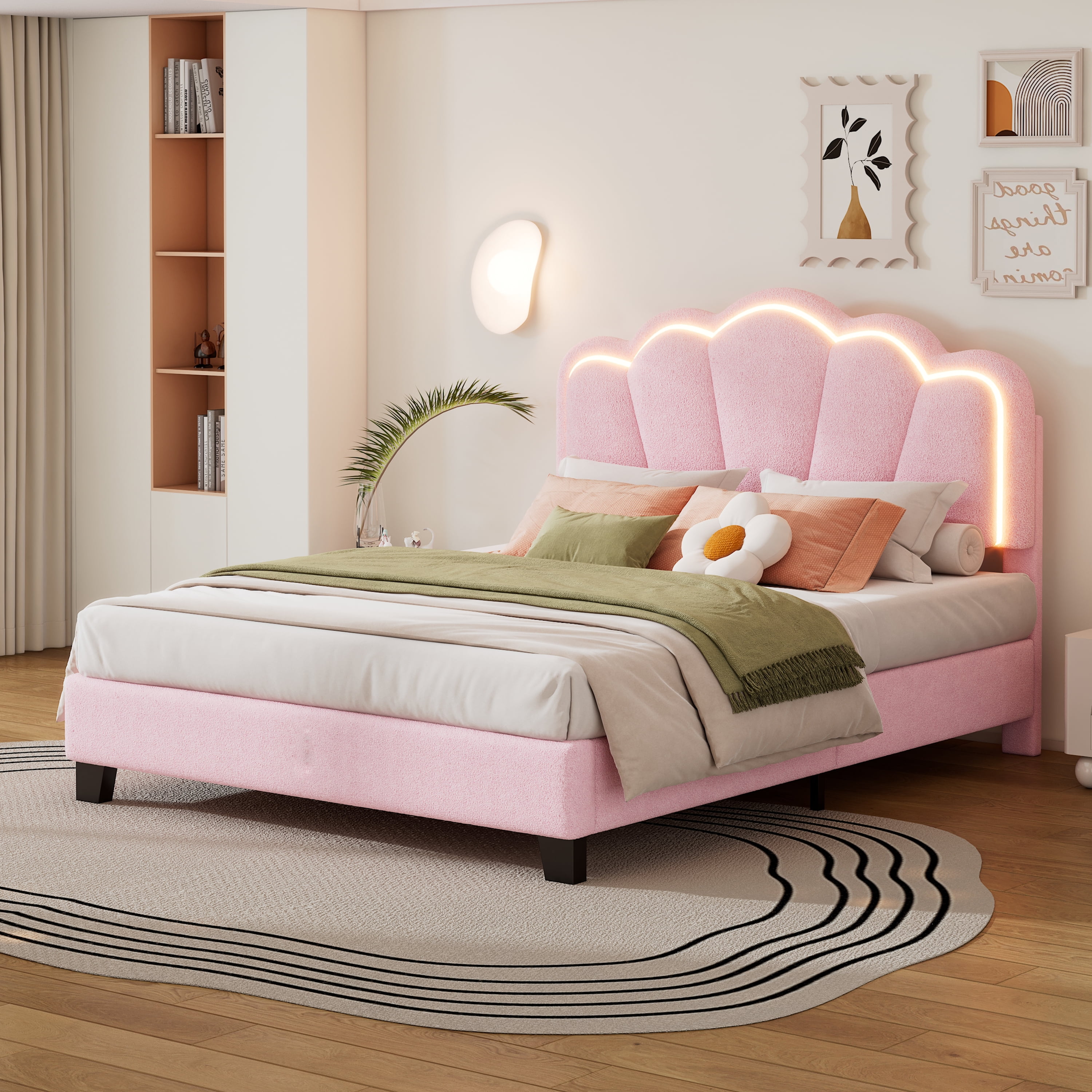 Euroco Upholstery Full Size Platform Bed with Flower-Shaped Headboard and LED Light for Kids Bedroom