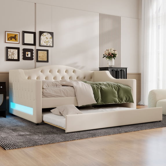 Euroco Upholstery Full XL Daybed with Trundle and LED Light, Beige