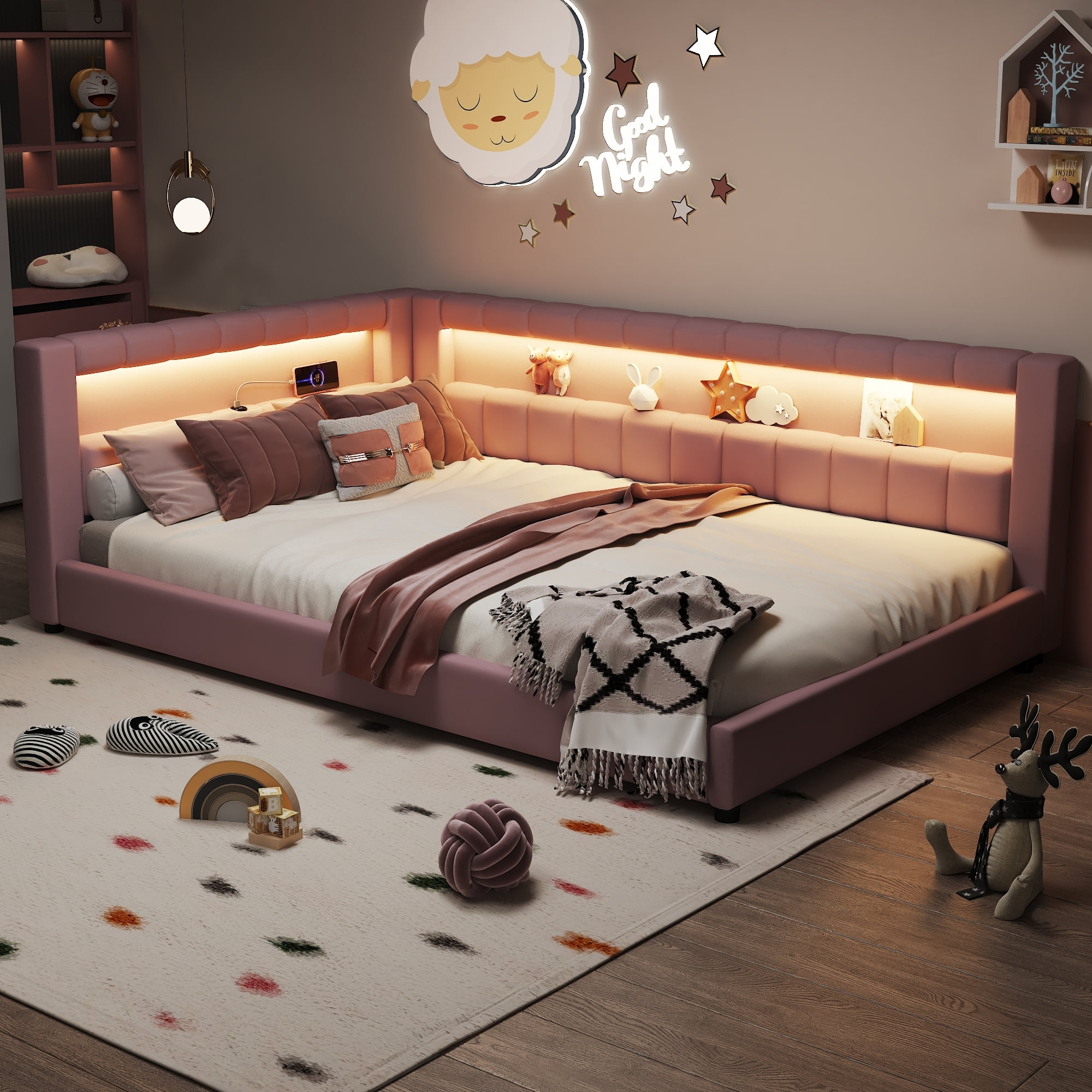 Euroco Upholstery Full XL Platform Bed with LED Light and USB Ports, Pink