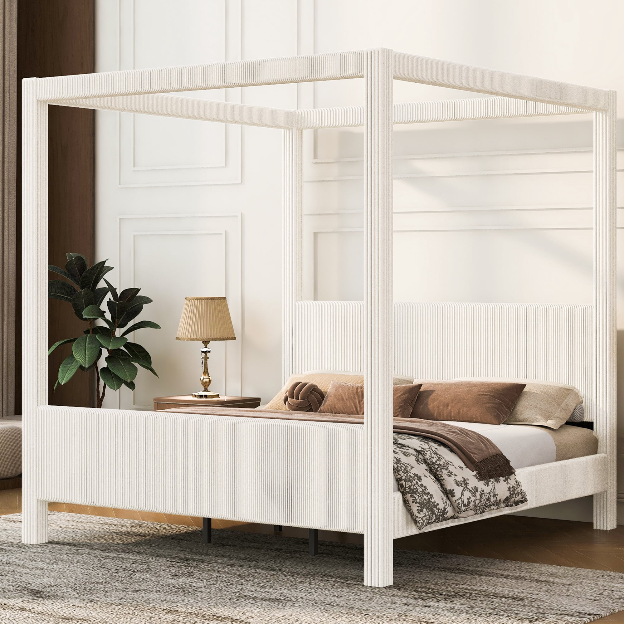 Euroco Upholstery King Size Canopy Platform Bed, No Box Spring Needed, Beige