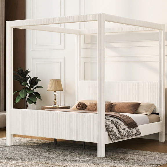 Euroco Upholstery King Size Canopy Platform Bed, No Box Spring Needed, Beige