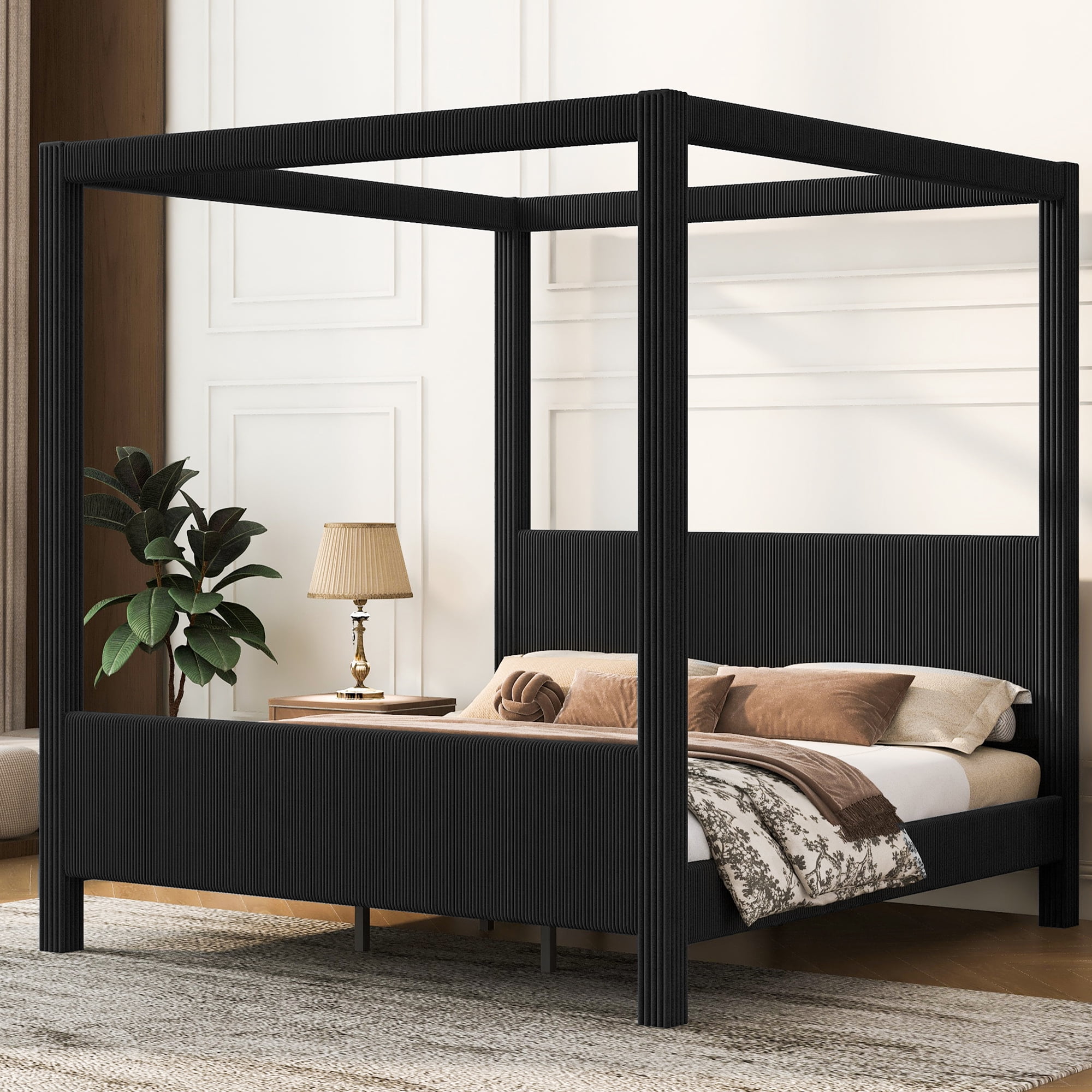 Euroco Upholstery King Size Canopy Platform Bed, No Box Spring Needed, Black