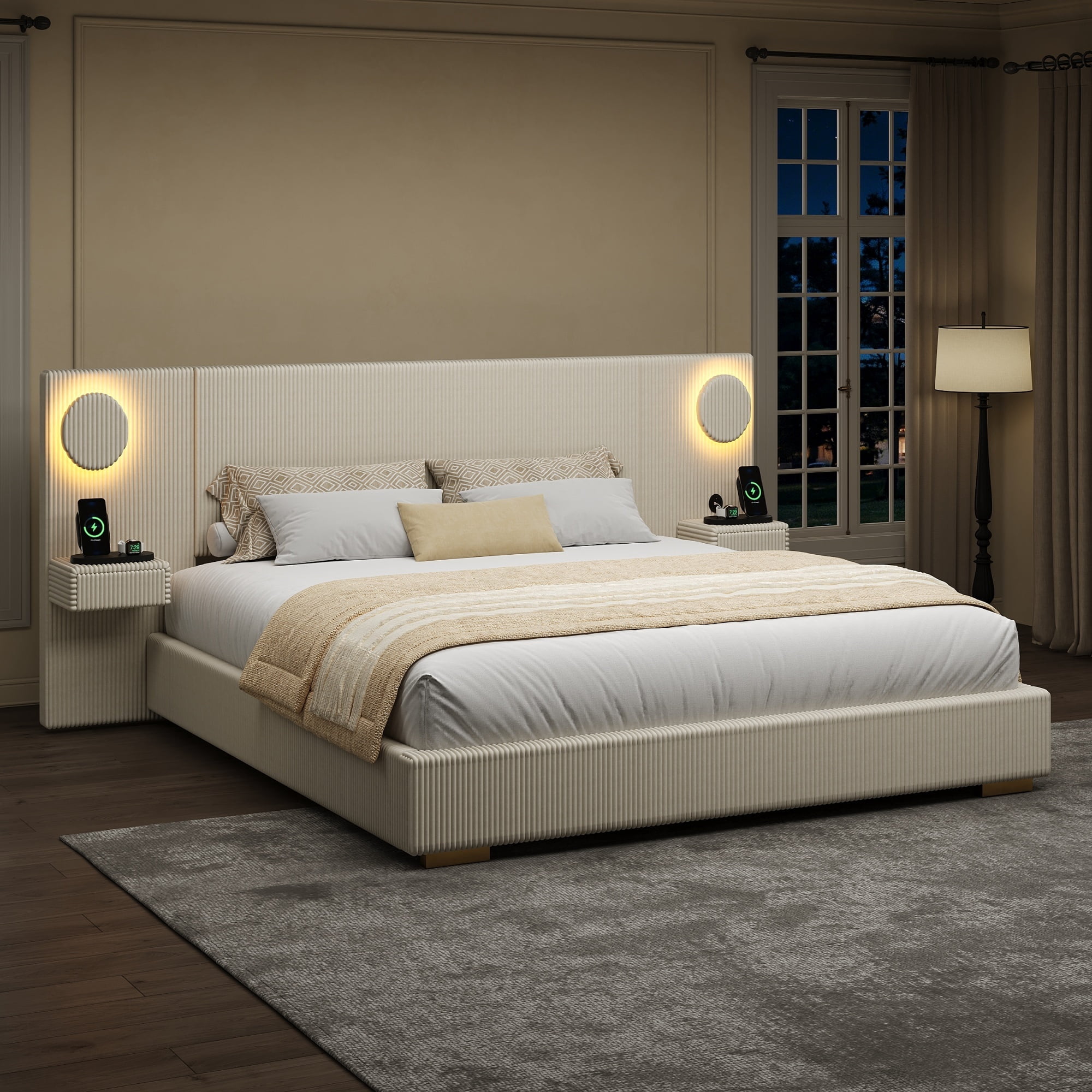 Euroco Upholstery King Size Platform Bed with LED Light and Drawers, High Headboard Design with Bedside Tables and USB Ports, No Box Spring Needed, Beige