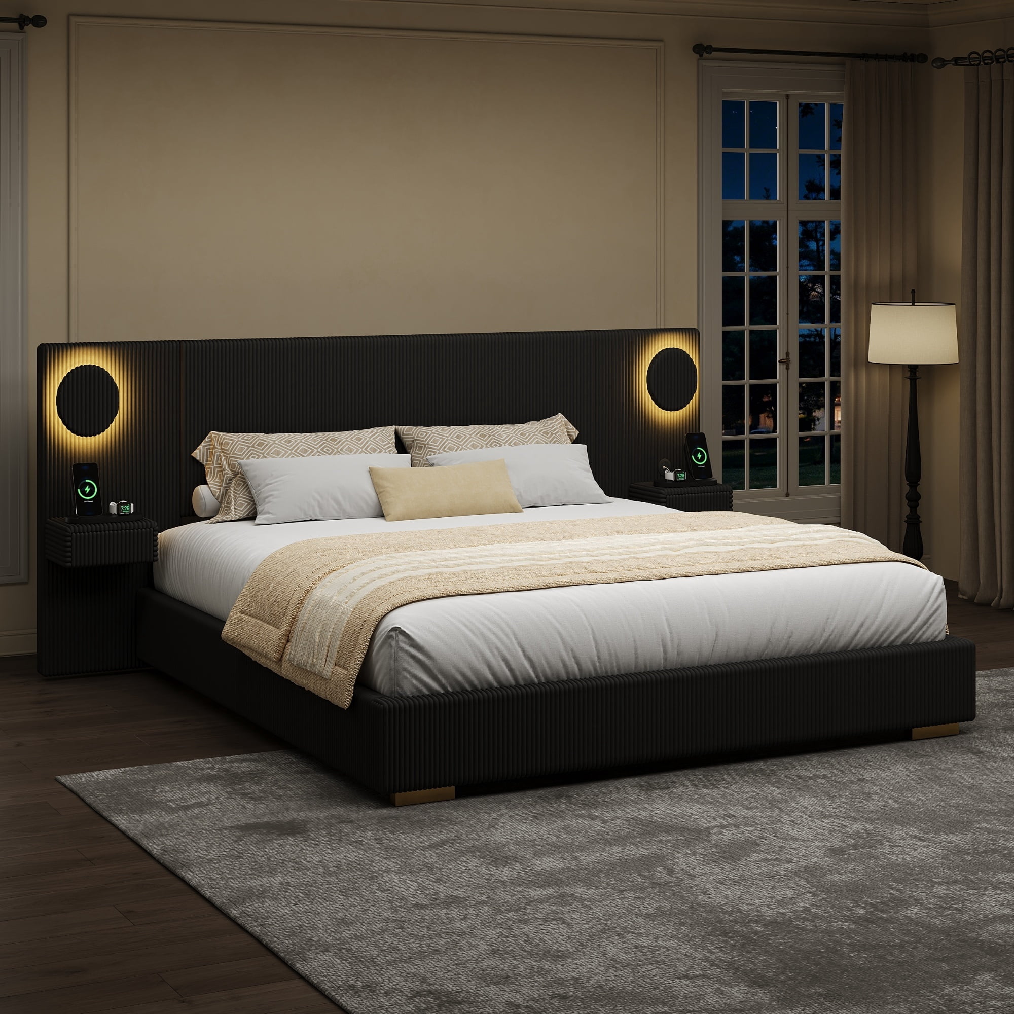 Euroco Upholstery King Size Platform Bed with LED Light and Drawers, High Headboard Design with Bedside Tables and USB Ports, No Box Spring Needed, Black