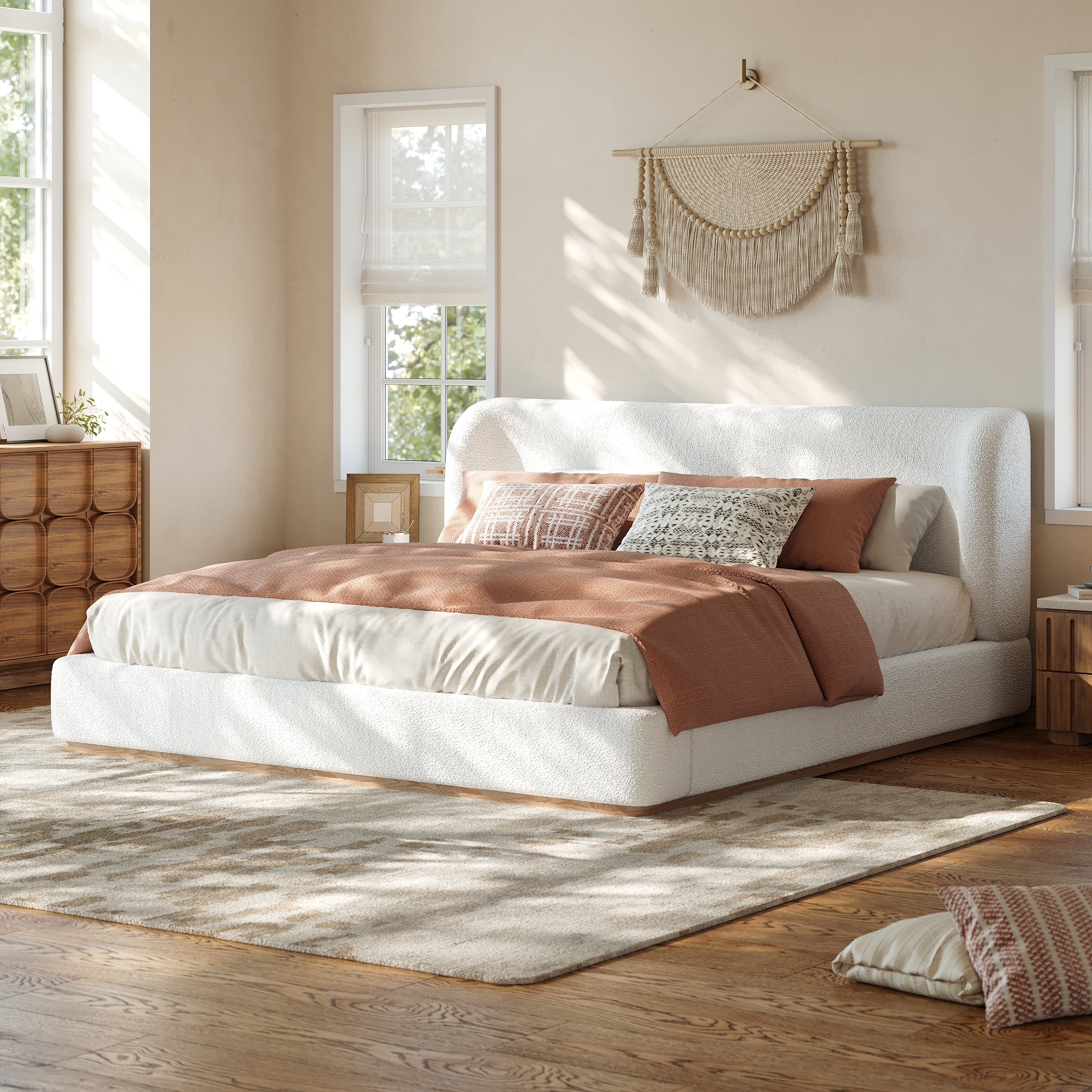 Euroco Upholstery King Size Platform Bed, White