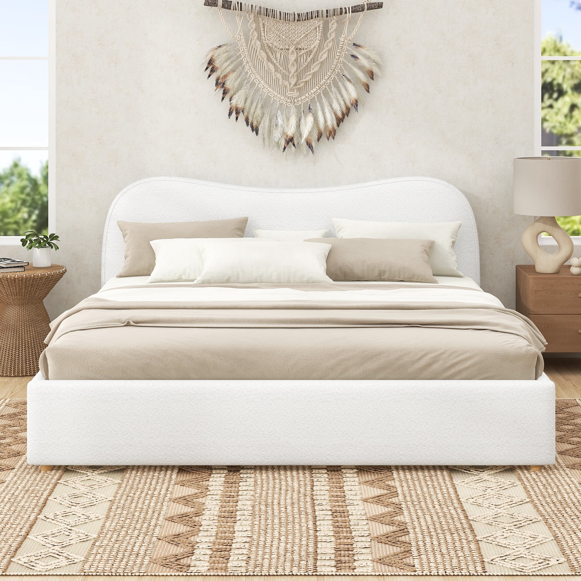 Euroco Upholstery King Size Platform Bed, White