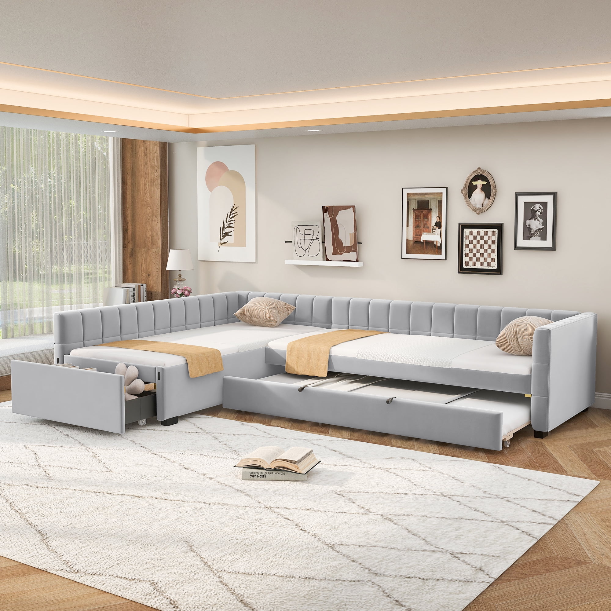 Euroco Upholstery L-Shaped Twin Platform Bed with Trundle and Drawer, 3 Beds in 1, No Spring Box Needed, Gray