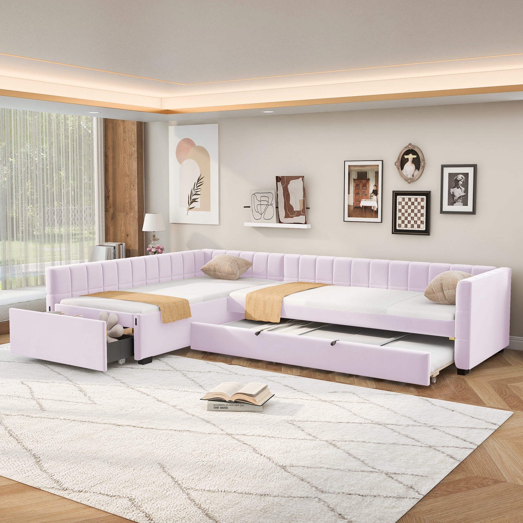 Euroco Upholstery L-Shaped Twin Platform Bed with Trundle and Drawer, 3 Beds in 1, No Spring Box Needed, Pink