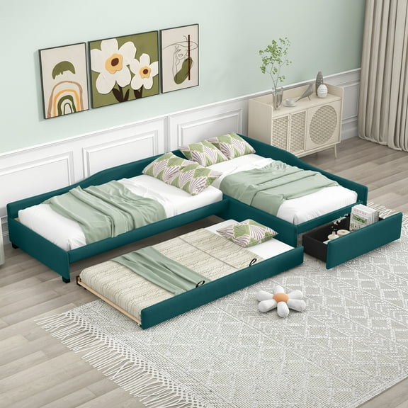 Euroco Upholstery L-Shaped Twin Size DayBed with Drawer and Trundle,Three Beds for Kids Teens Bedroom