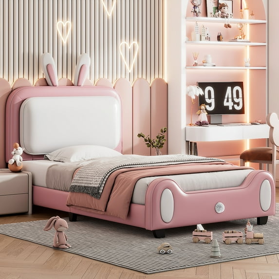 Euroco Upholstery Platform Bed, Bunny-Shaped Bed for Kids Bedroom, Twin Bed with Headboard, Pink & White