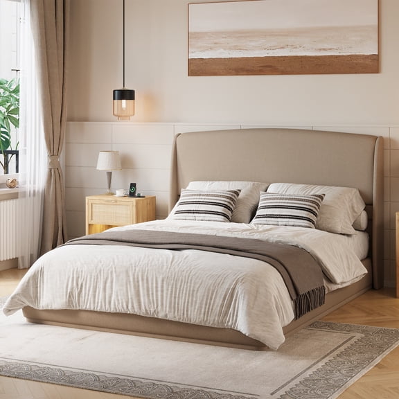 Euroco Upholstery Queen Bed with Wingback Headboard, Low Profile Platform Bed, Brown