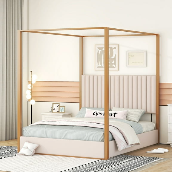Euroco Upholstery Queen Canopy Platform Bed with Headboard and Metal Frame for Adults, Beige