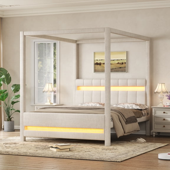 Euroco Upholstery Queen Size Canopy Bed with LED Light, No Box Spring Needed Platform Bed, Beige