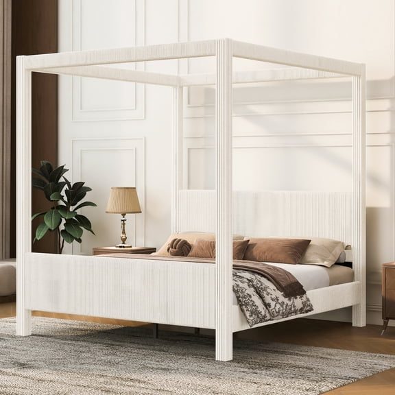 Euroco Upholstery Queen Size Canopy Platform Bed, No Box Spring Needed, Beige