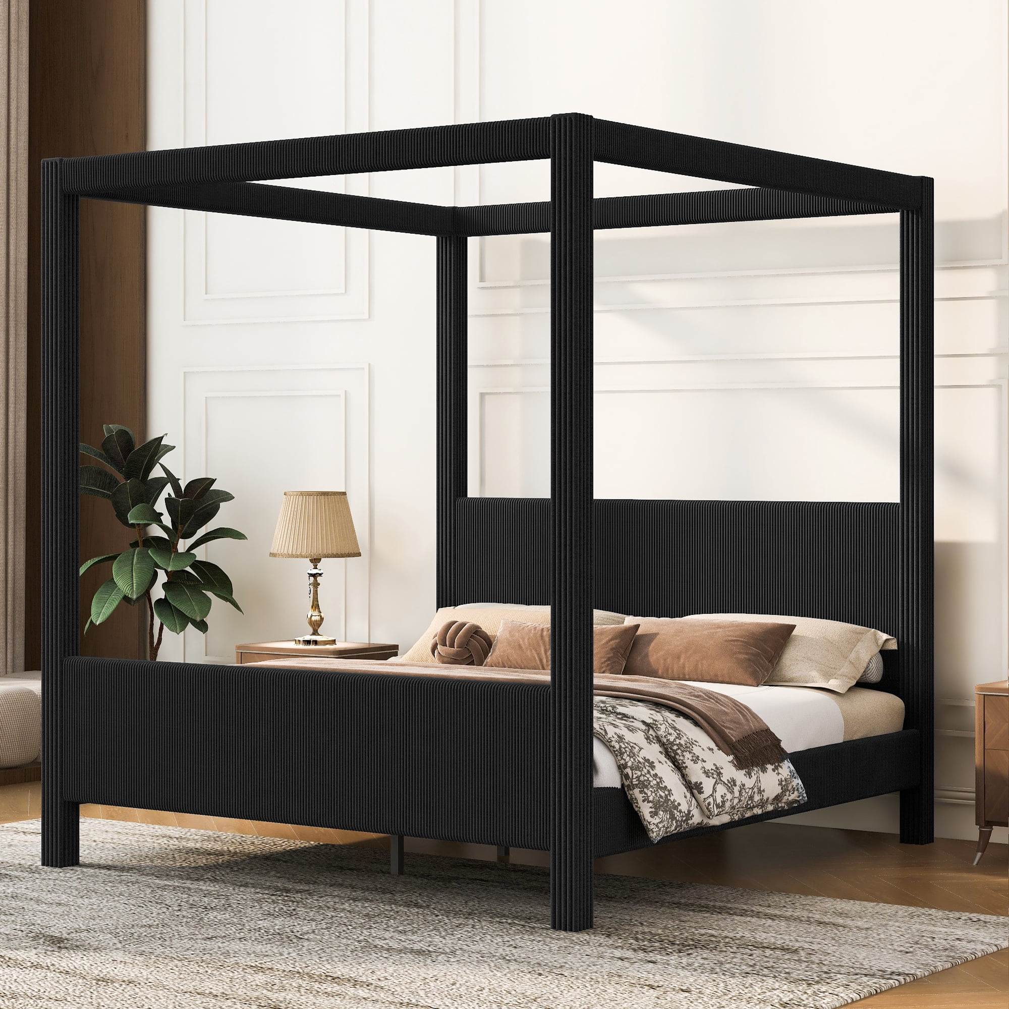 Euroco Upholstery Queen Size Canopy Platform Bed, No Box Spring Needed, Black
