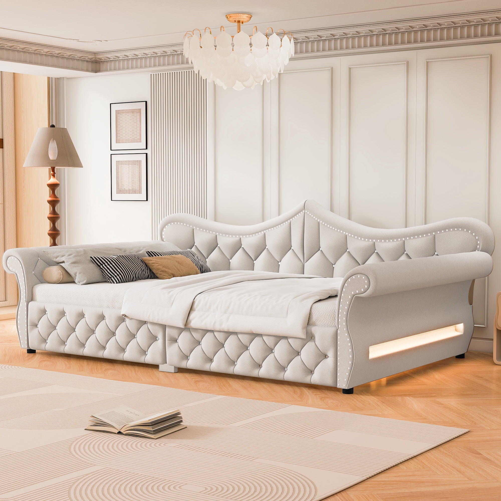 Euroco Upholstery Queen Size Daybed, Sofa Bed with LED Light, Beige