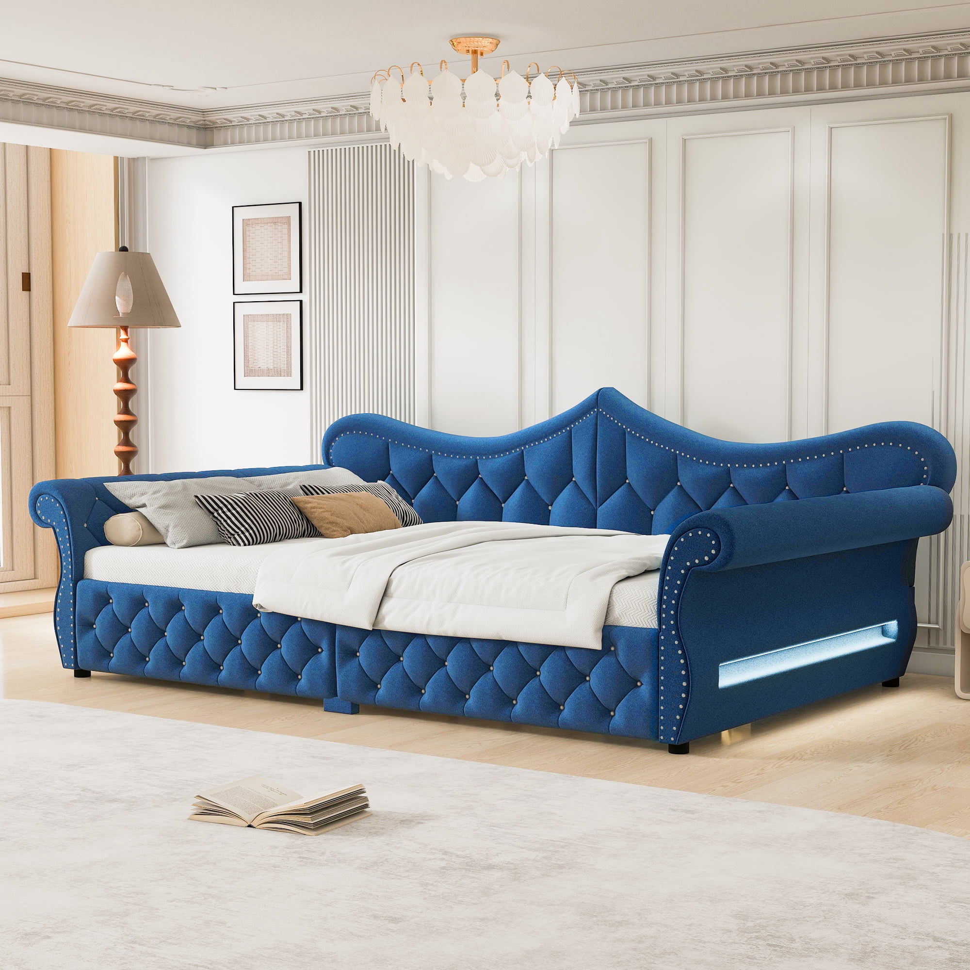 Euroco Upholstery Queen Size Daybed, Sofa Bed with LED Light, Blue