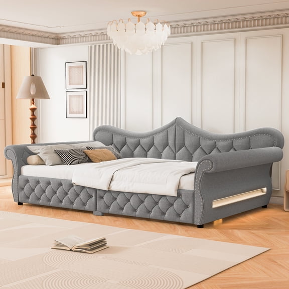 Euroco Upholstery Queen Size Daybed, Sofa Bed with LED Light, Gray