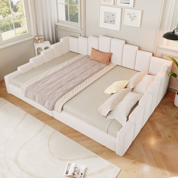 Euroco Upholstery Queen Size Daybed, Velvet Sofa Platform Bed with Nailhead Trim, No Box Spring Needed, Beige