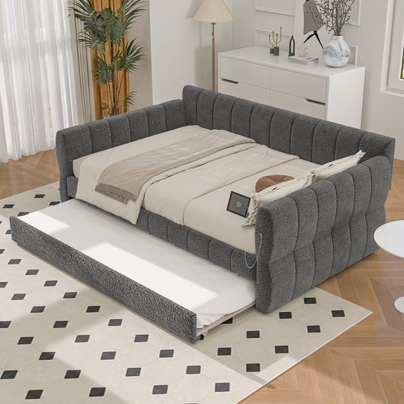 Euroco Upholstery Queen Size Daybed with Trundle, Velvet Sofa Bed with USB Charging, Gray