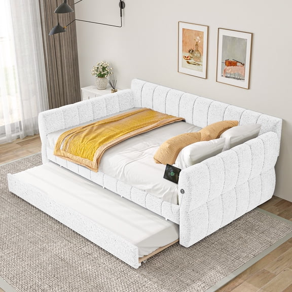Euroco Upholstery Queen Size Daybed with Trundle, Velvet Sofa Bed with USB Charging, White