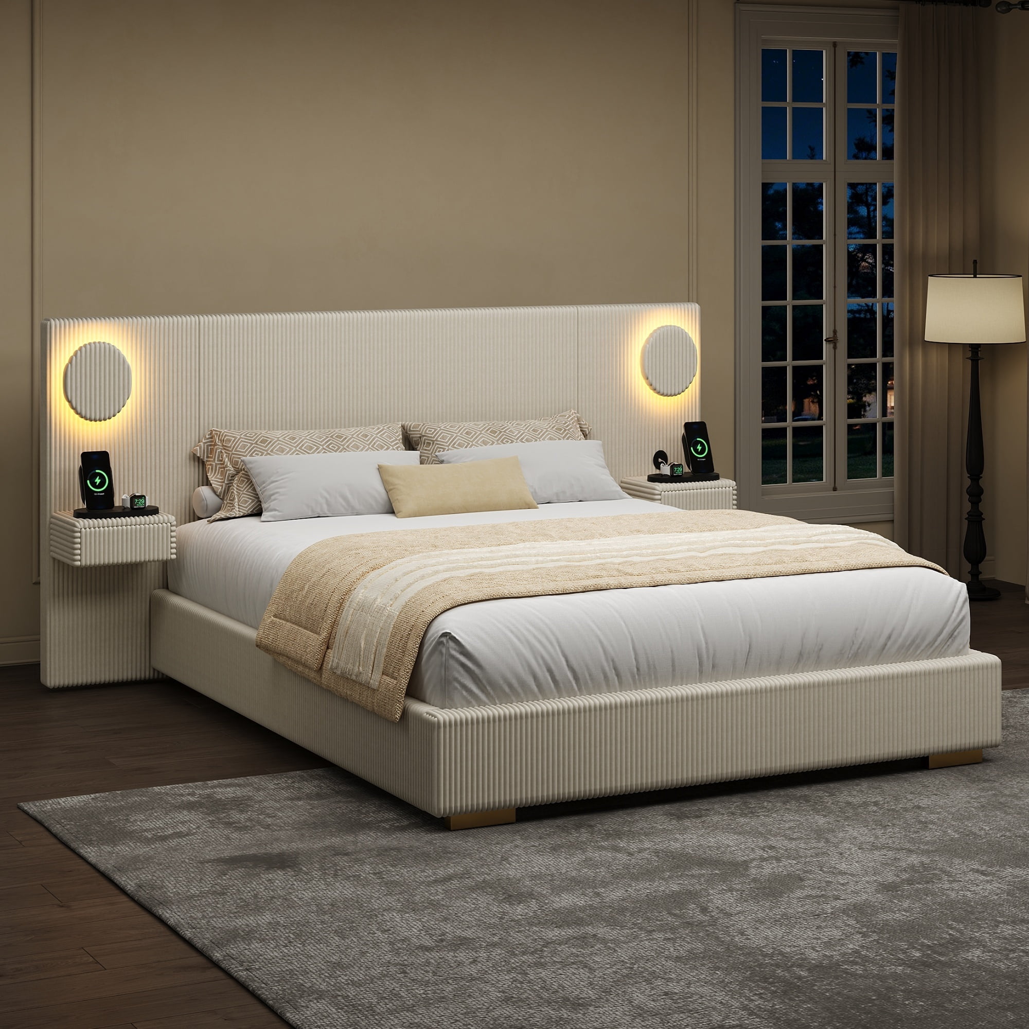 Euroco Upholstery Queen Size Platform Bed with LED Light and Drawers, High Headboard Design with Bedside Tables and USB Ports, No Box Spring Needed, Beige