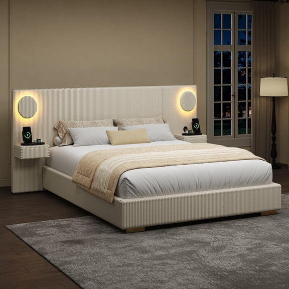 Euroco Upholstery Queen Size Platform Bed with LED Light and Drawers, High Headboard Design with Bedside Tables and USB Ports, No Box Spring Needed, Beige
