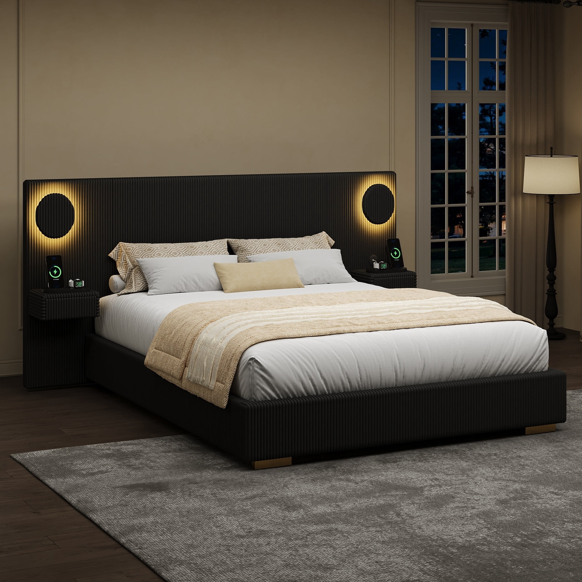 Euroco Upholstery Queen Size Platform Bed with LED Light and Drawers, High Headboard Design with Bedside Tables and USB Ports, No Box Spring Needed, Black