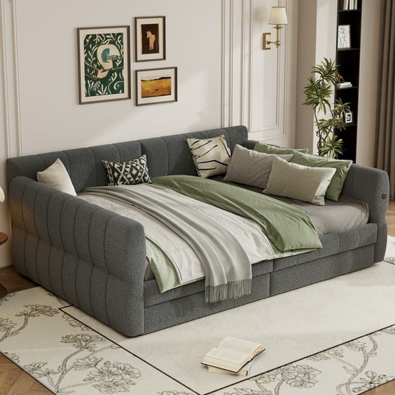 Euroco Upholstery Queen Size Platform Bed, Sofa Bed with USB Charging Station and 2 Drawers, Gray