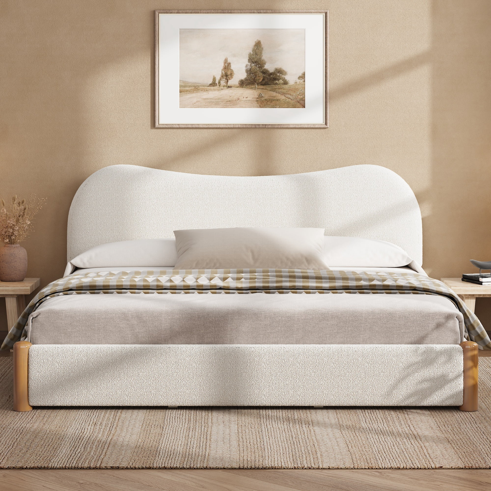 Euroco Upholstery Queen Size Platform Bed, White