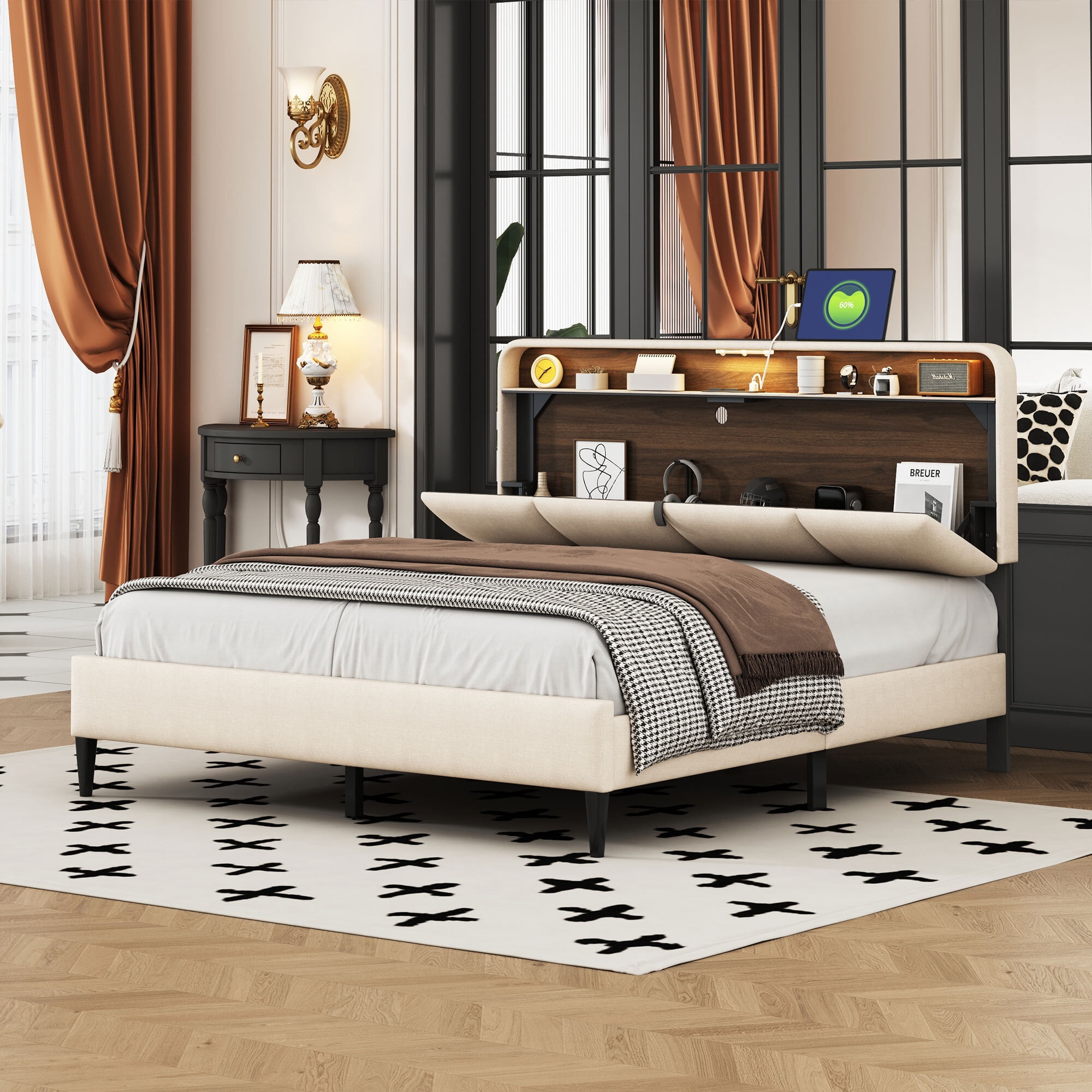 Queen Size Upholstered Platform Bed with Storage & USB Charging - Beige