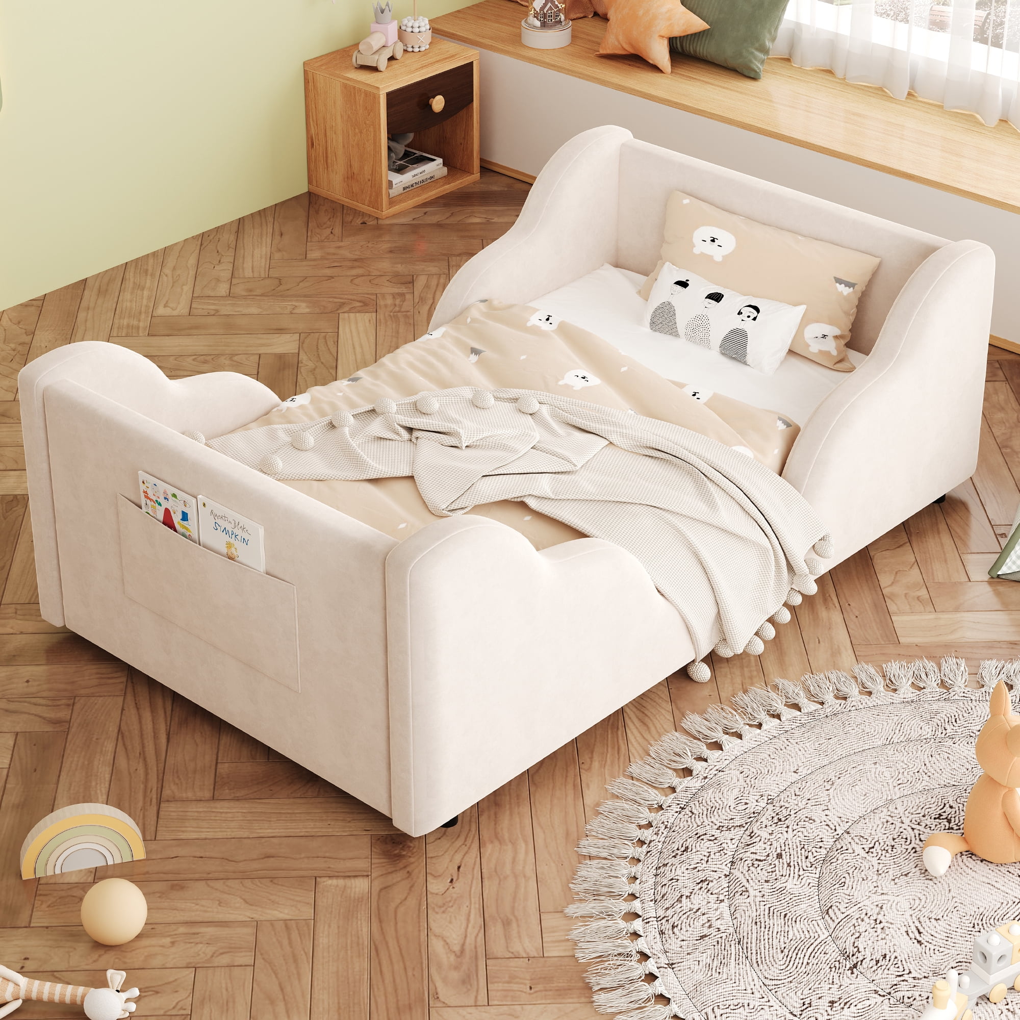 Euroco Upholstery Toddler Floor Bed with Storage Bags and Guardrails, Beige