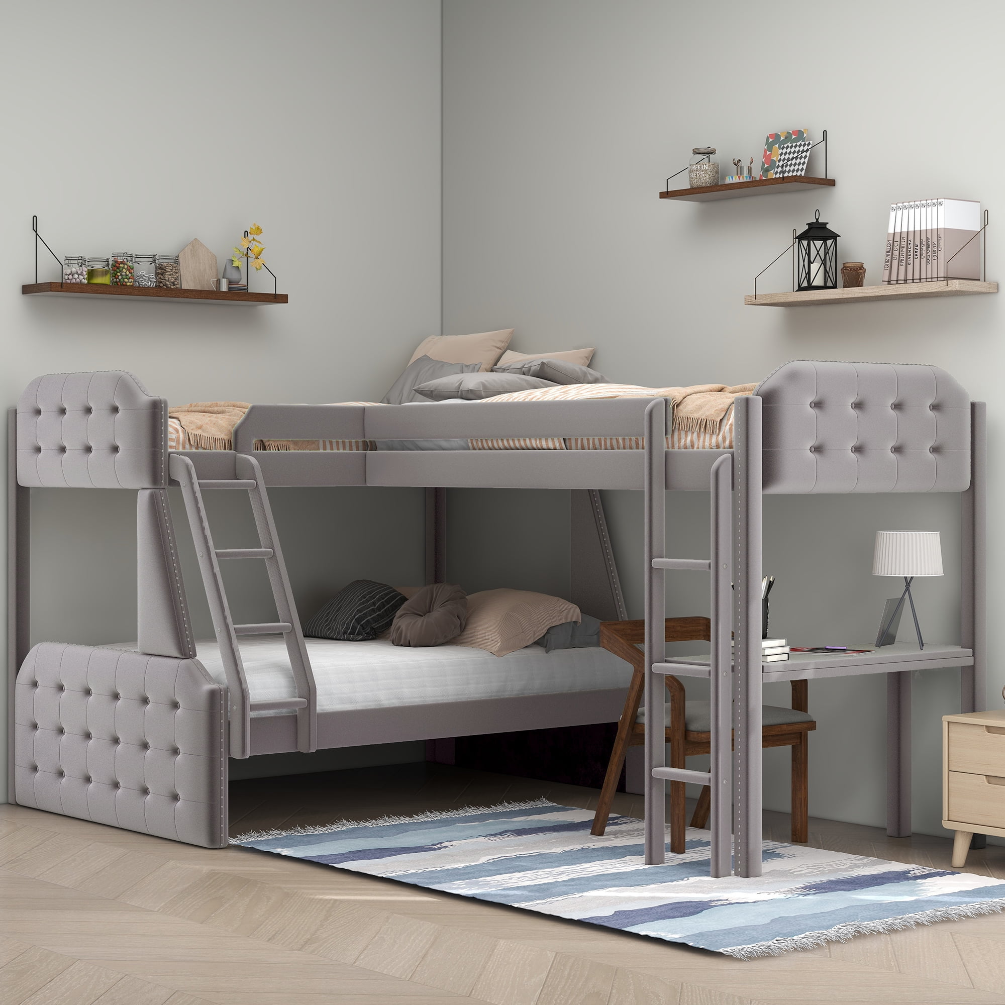 Euroco Twin Over Full L-Shaped Bunk Bed with Loft & Built-In Desk ...