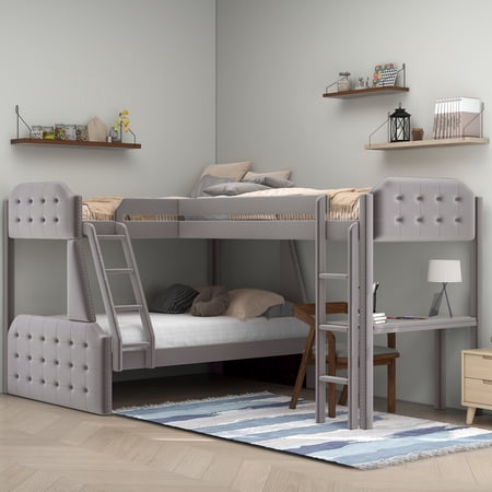 Euroco Upholstery Twin over Full Bunk Bed, Twin Size Loft Bed with Built-in Desk, 3-in-1 Bunk Bed, Solid Upholstered Wood Frame for Kids Teens Room, Gray