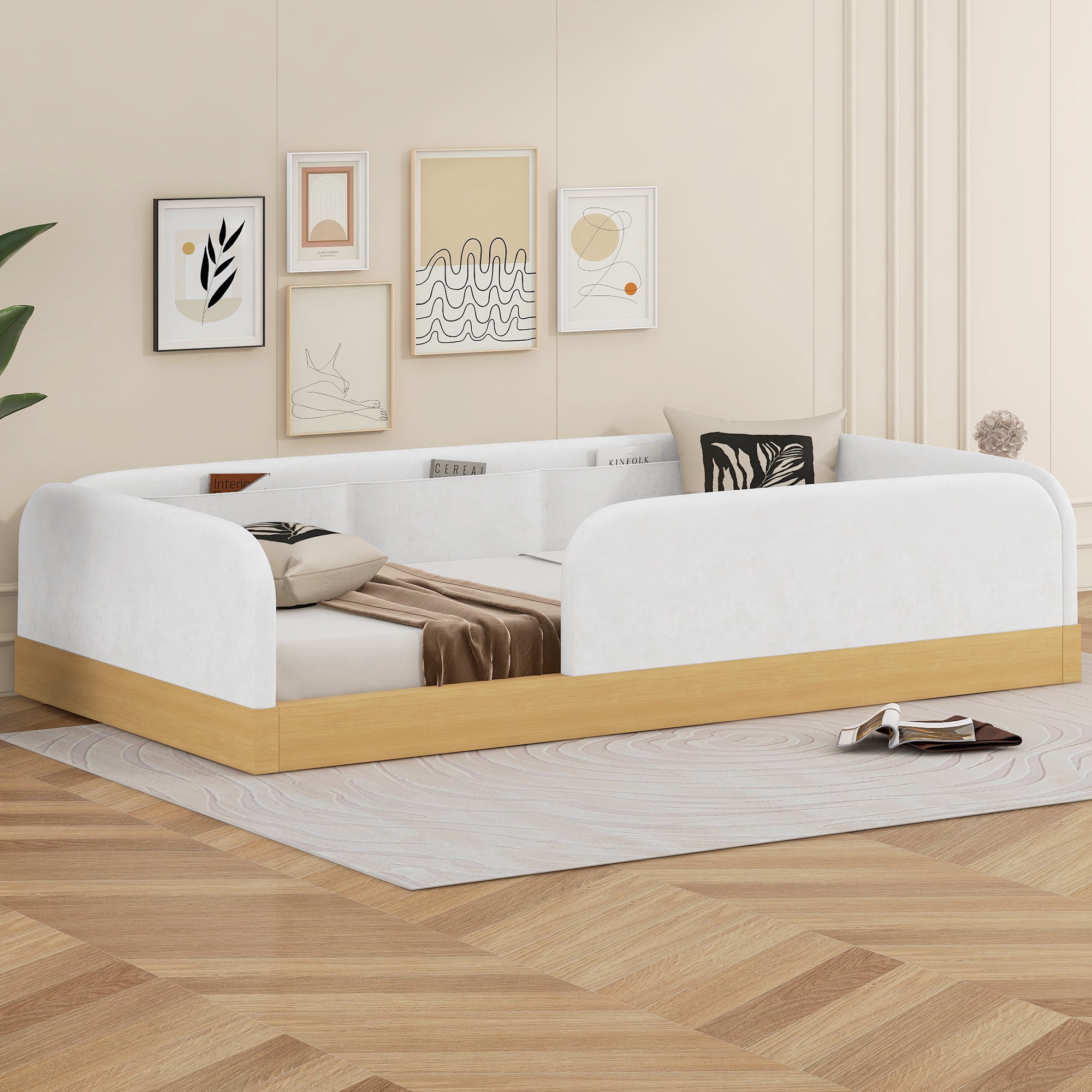 Euroco Upholstery Twin Platform Bed, Floor Bed with Storage and Guardrails, Natural