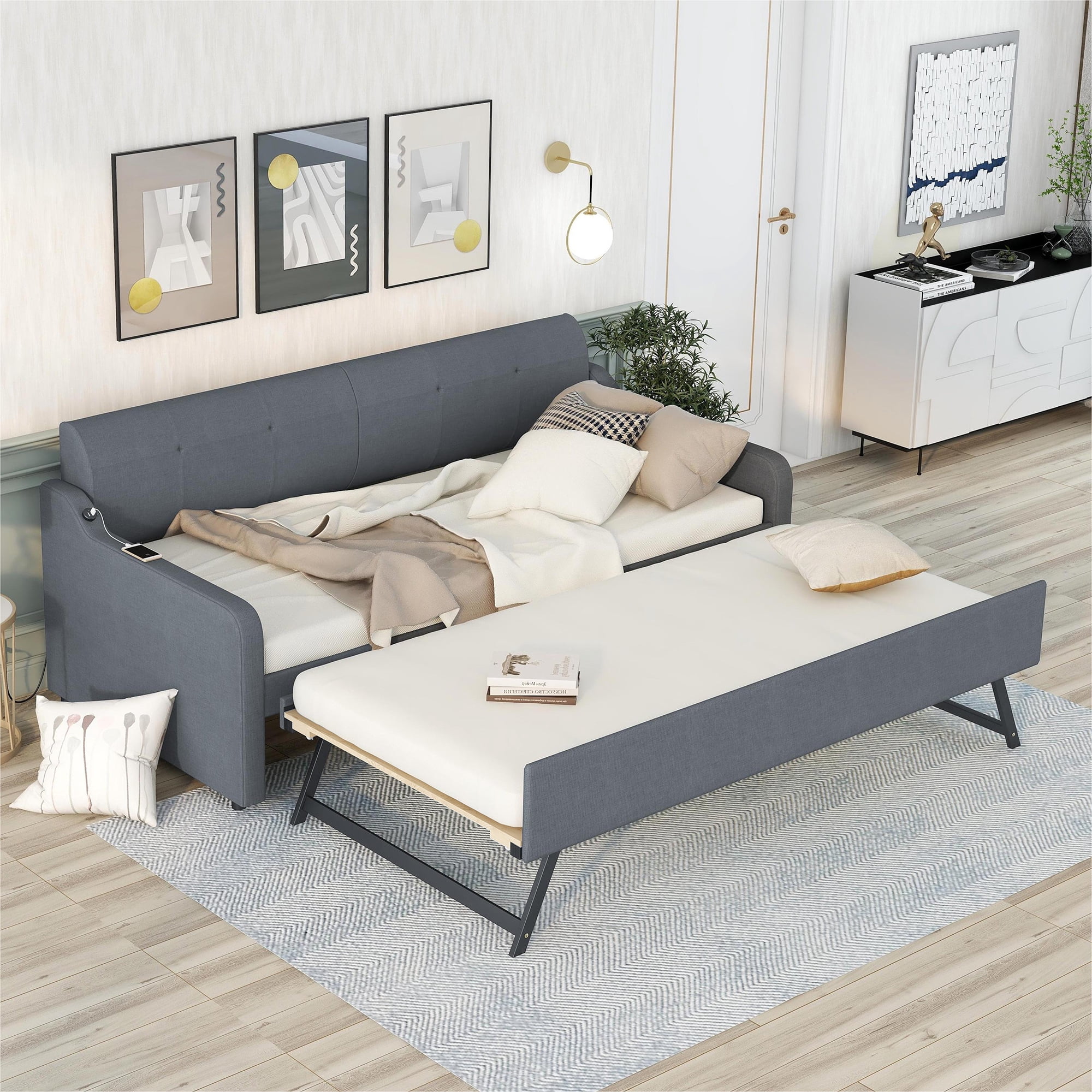 Euroco Upholstery Twin Size Daybed, Sofa Bed with Pop Up Trundle and USB Charging, Gray