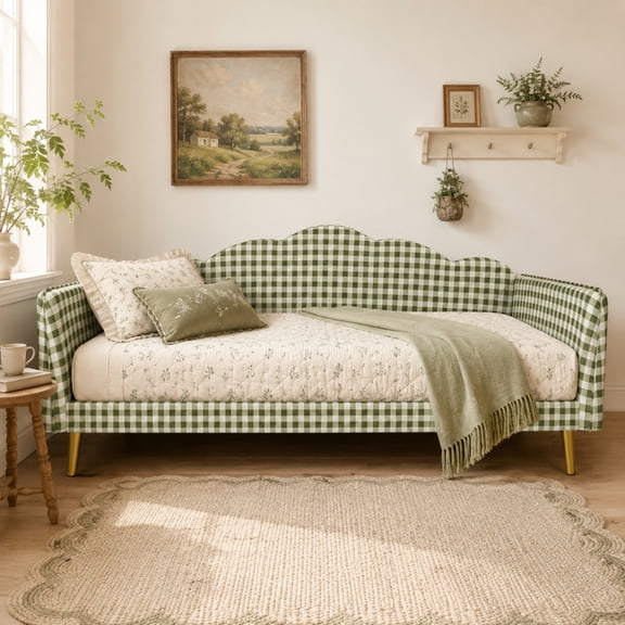 Euroco Upholstery Twin Size Daybed, Wood Sofa Platform Bed with Gingham Design and Metal Legs, No Box Spring Needed, Green
