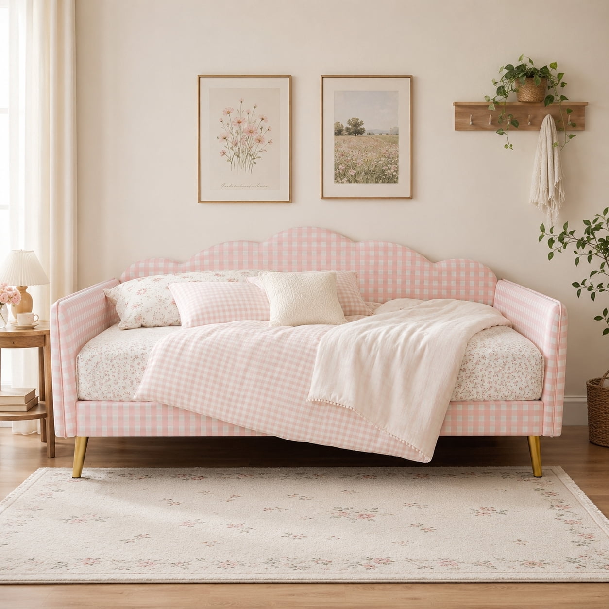 Euroco Upholstery Twin Size Daybed, Wood Sofa Platform Bed with Gingham Design and Metal Legs, No Box Spring Needed, Pink