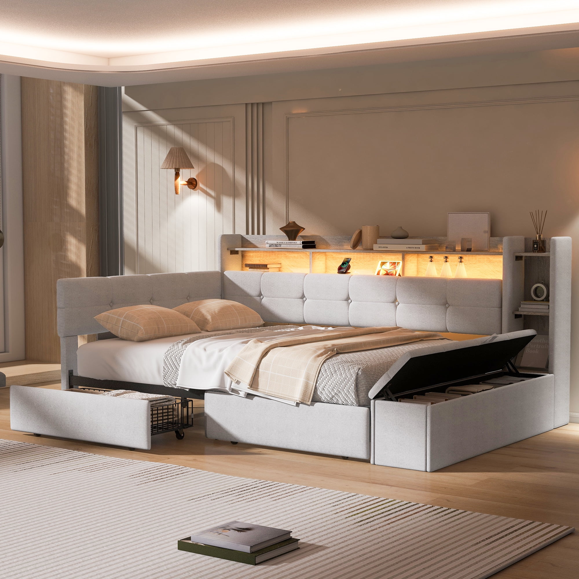 Euroco Upholstery Twin Size Daybed with Drawers, Storage Sofa Bed with Footstool and Shelves, LED Light and USB Charging, Beige