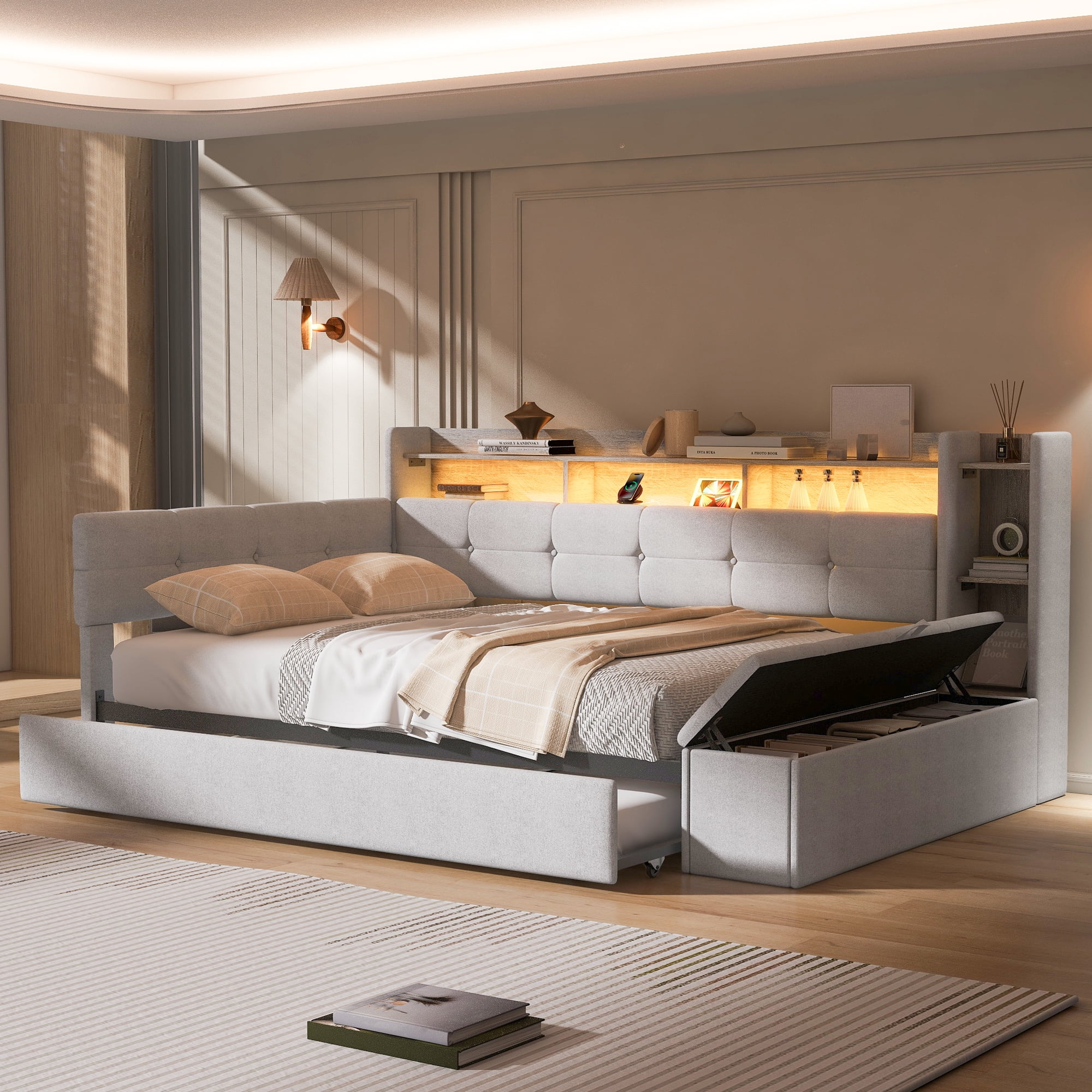 Euroco Upholstery Twin Size Daybed with Trundle, Storage Sofa Bed with Footstool and Shelves, LED Light and USB Charging, Beige