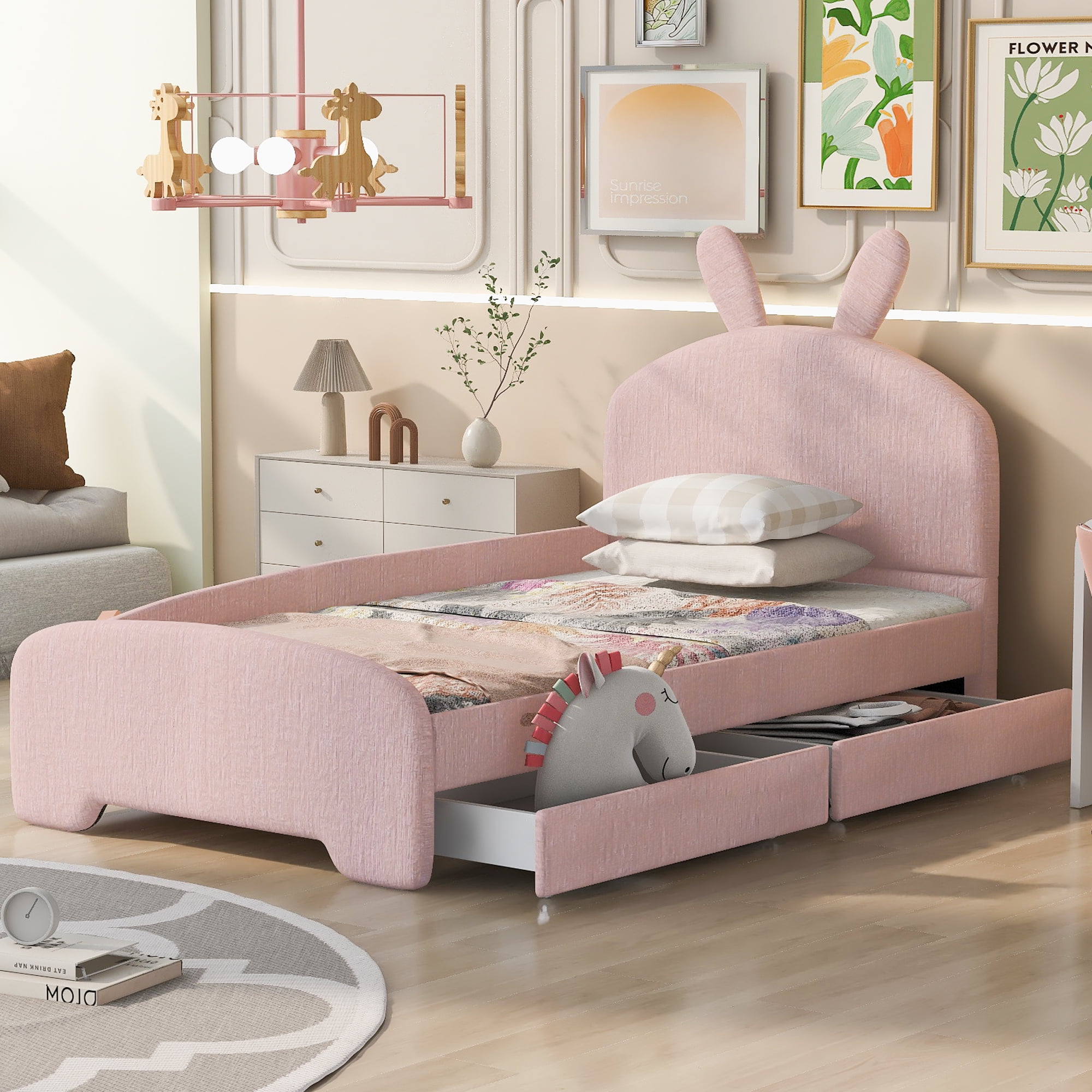 Euroco Upholstery Twin Size Platform Bed, Bunny-Shaped Bed with 2 ...