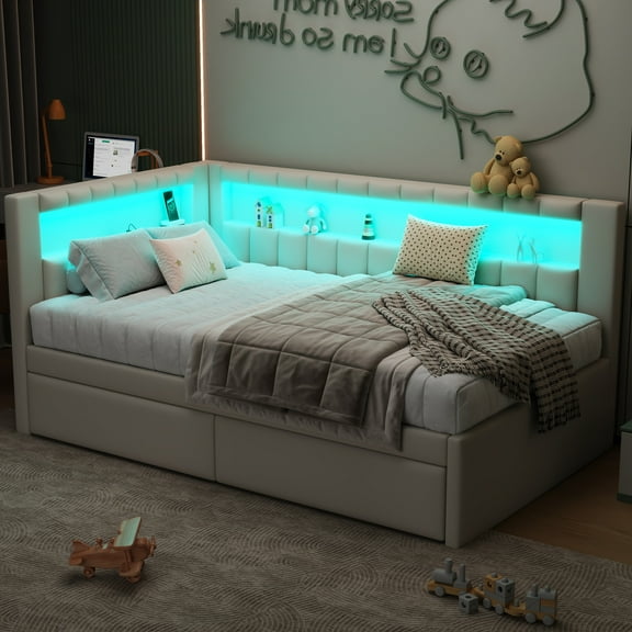 Euroco Upholstery Twin Size Platform Bed, Sofa Bed with USB Charging Station, LED Light Belt and 2 Drawers, White