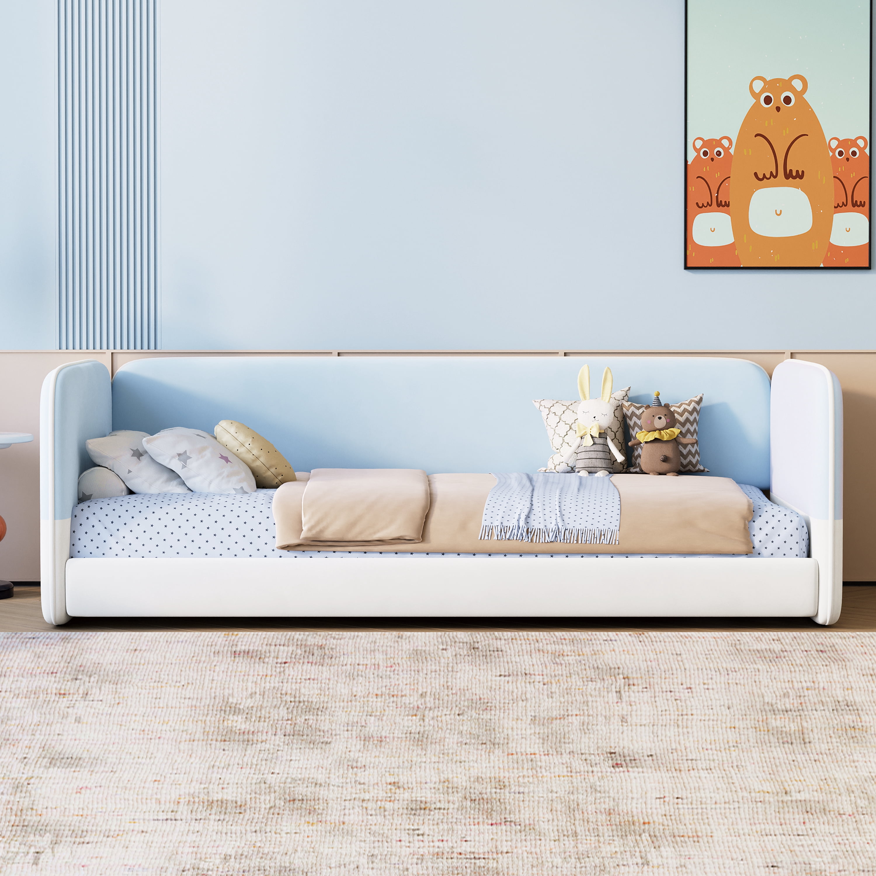 Euroco Upholstery Twin Size Platform Bed, Velvet Low Profile Floor Sofa Bed, Blue