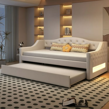 Euroco Upholstery Twin XL Daybed with Trundle and LED Light, Beige
