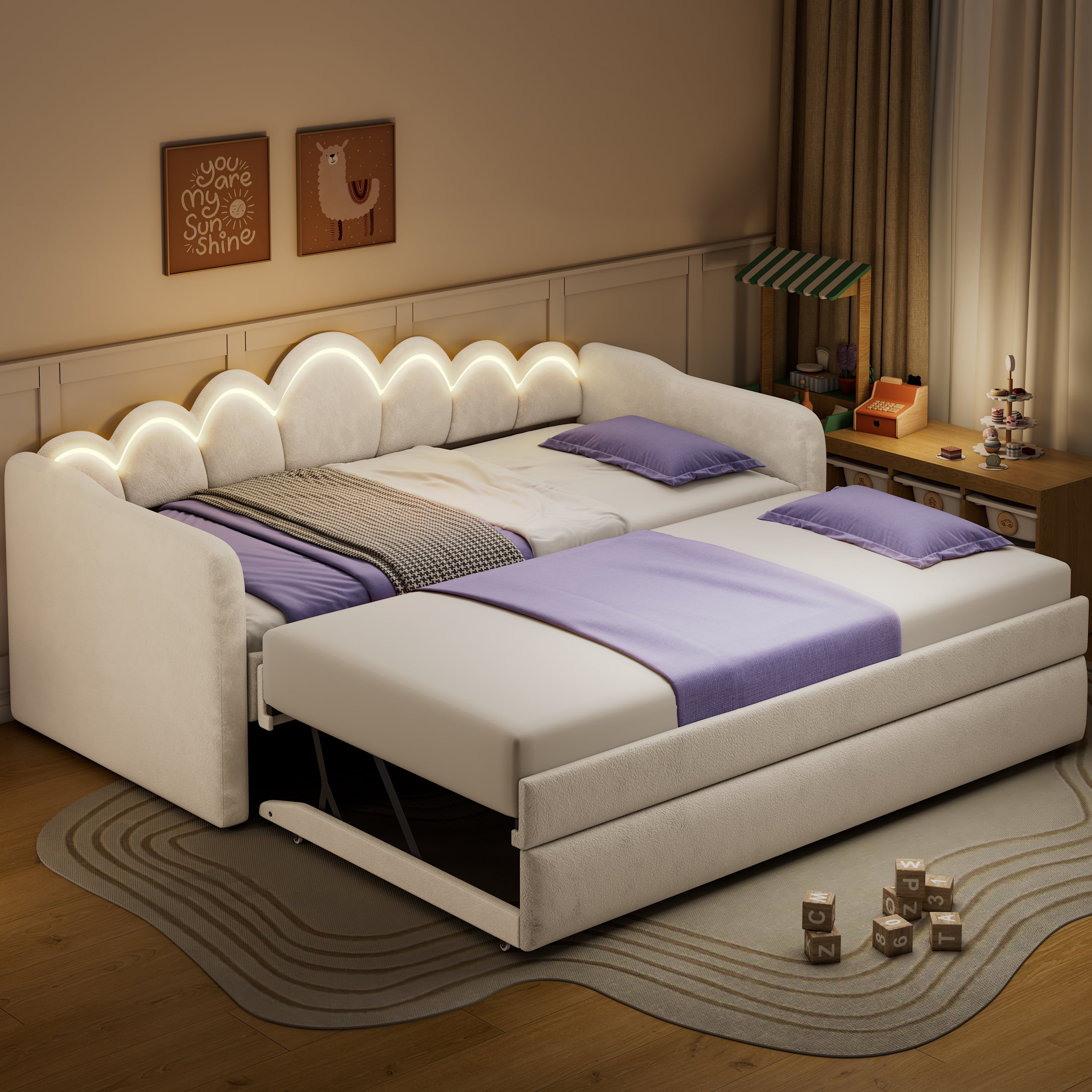 Euroco Upholstery Twin XL Daybed with Trundle and LED Light, Convertible Trundle Bed, White